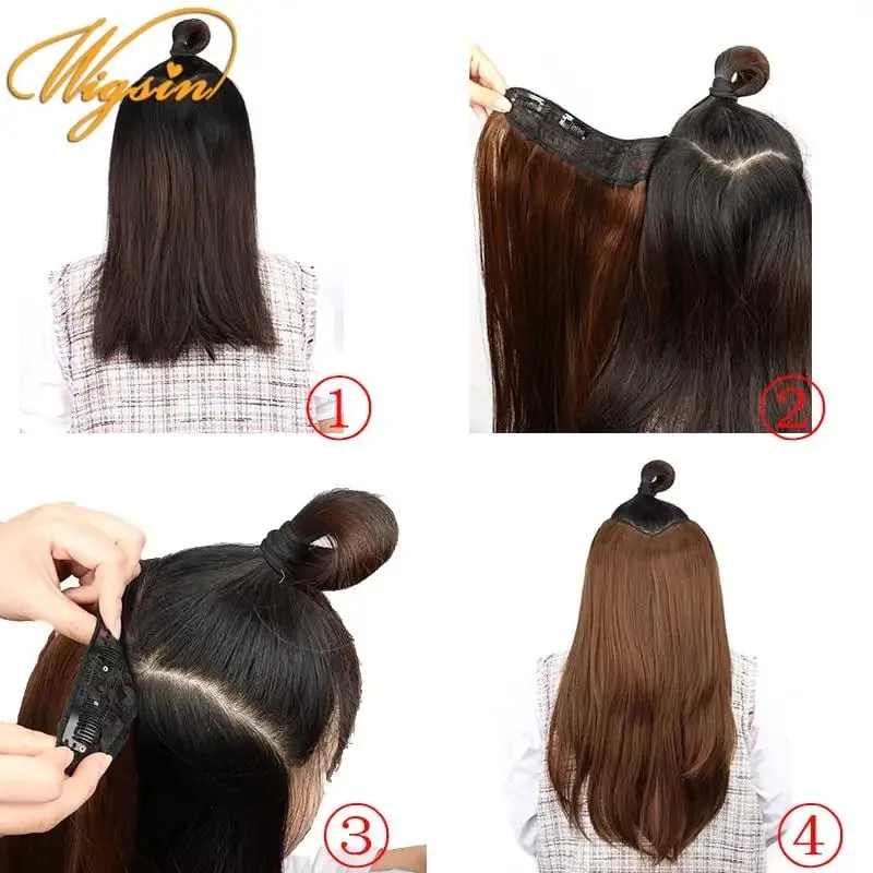 สังเคราะห์ 55 ซม.รูปตัว V Layered 4 คลิปยาวตรงผม EXTENSION ธรรมชาติที่มองไม่เห็น Hairpiece วิกผมสำหรับผู้หญิง