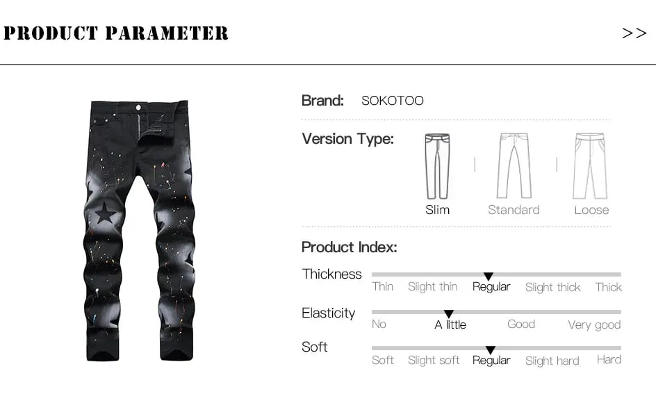 Men Star Painted Denim Jeans Casual Graffiti Print Slim Straight Pants Black Stretch Cotton Spandex Trousers — image 7