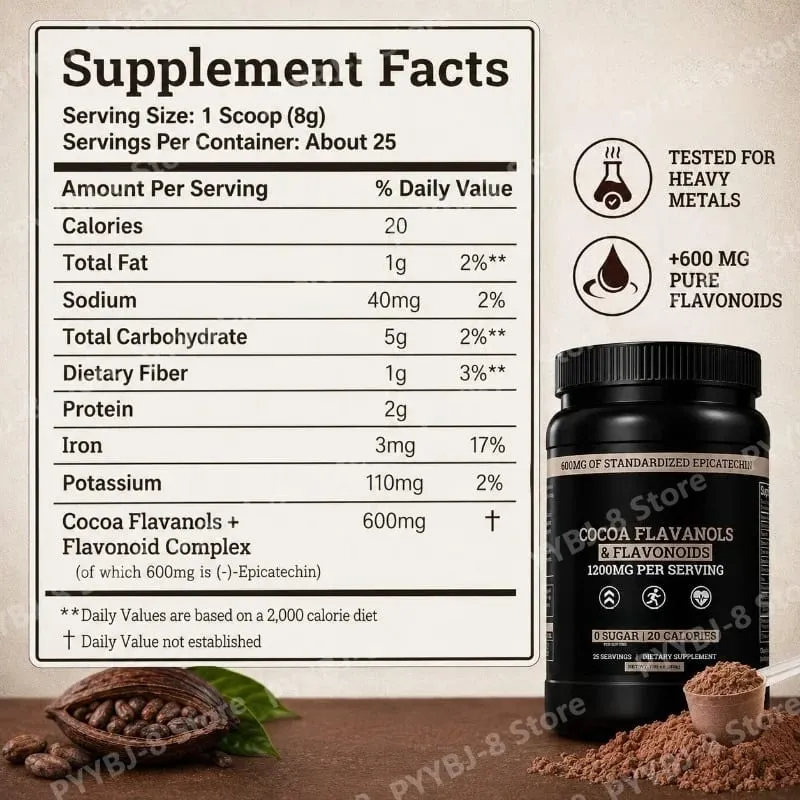 Cocoa Flavanols & Flavonoids Powder 200g (25 Servings) with Epicatechin 600mg Supports Antioxidant & General Wellness Sugar-Free
