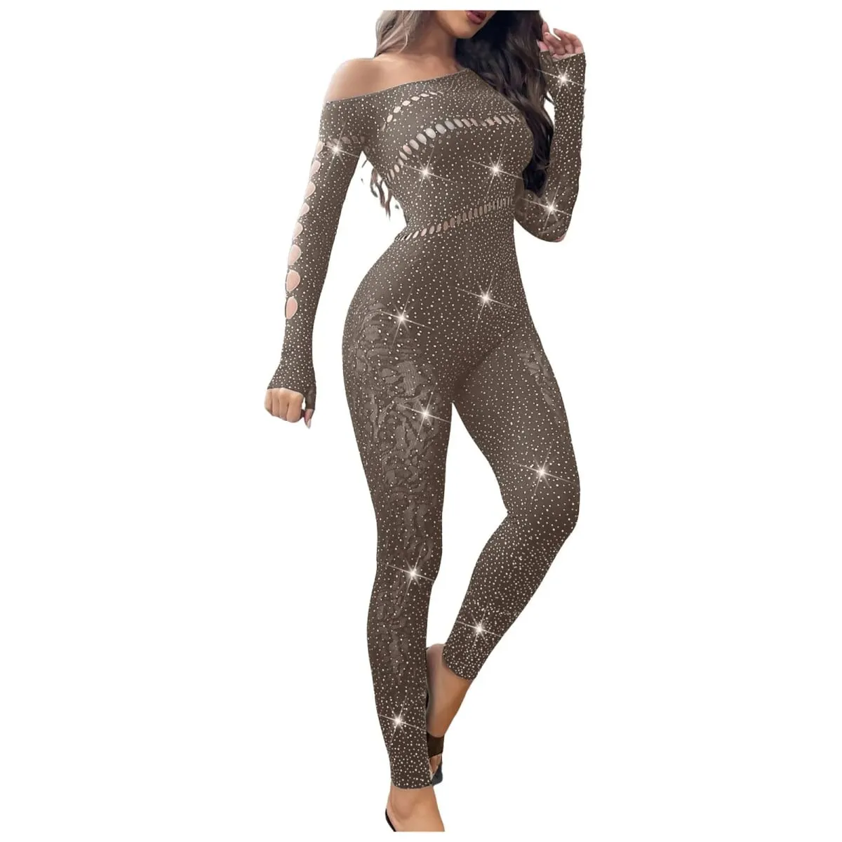 Kvinder Sexet Mesh Rhinestone Jumpsuit Langærmet Se Through High Stretch Body Strømper Jumpsuit Club Plus Size Stock Lingeri
