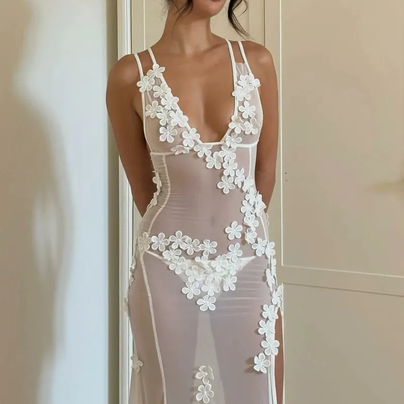 Phụ nữ Gợi Cảm Đảng Đêm Hở Lưng Cổ V Chia Đầm Cocktail 90 Hoa Vintage Sheer Lưới Dài Đầm Sang Trọng Boho Đi Biển bao che-bộ lưu điện — image 7