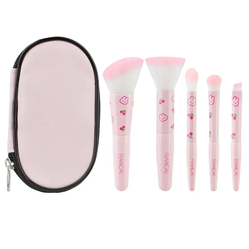 Conjunto de pincéis de maquiagem compacto, 5 peças, bonito, com estojo, pincel premium para base impecável, blush, sombra, aplicação, ferramentas de beleza