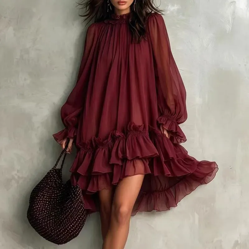 Boho Loose Swing Dress Ladies Ruffle O Neck Lantern Sleeve Multi‑Tiered Ruffle Hem Mini Dress Casual Beach Holiday Short Dresses — image 3