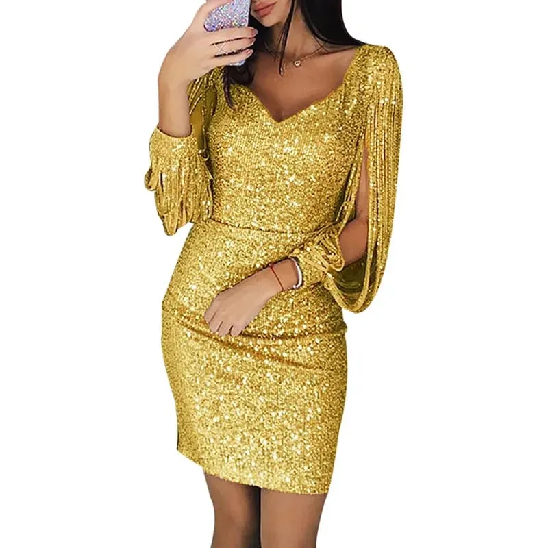 Evening Dresses for Women Elegant Long Sleeve Sequin Mini Dresses Sexy Ruched Bodycon Sparkly Glitter Cocktail Party Dresses
