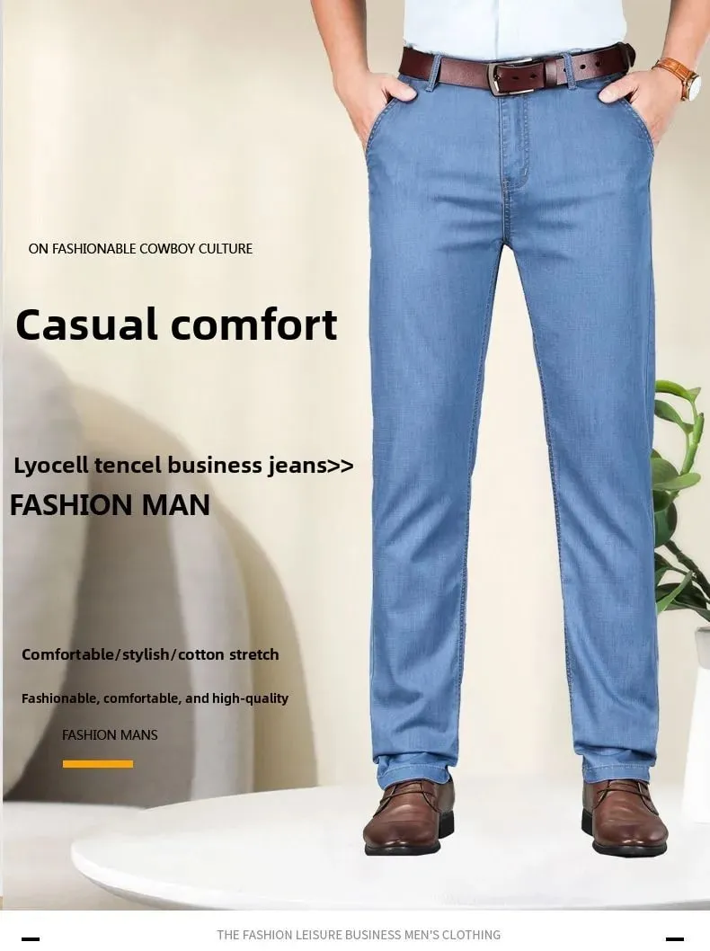 2026 New Seasons Lightweight Fit Straight Men's Jeans Classic Business Clothes Thin Cotton Elastic High Waist Casual — image 9