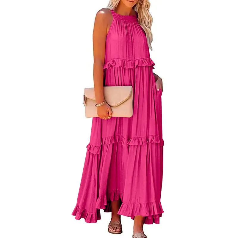 Women Casual Solid Ruffles Long Dress Summer Elegant Sleeveless Sundress Elegant Harajuku Maxi Dress Beach Party Evening Vestido