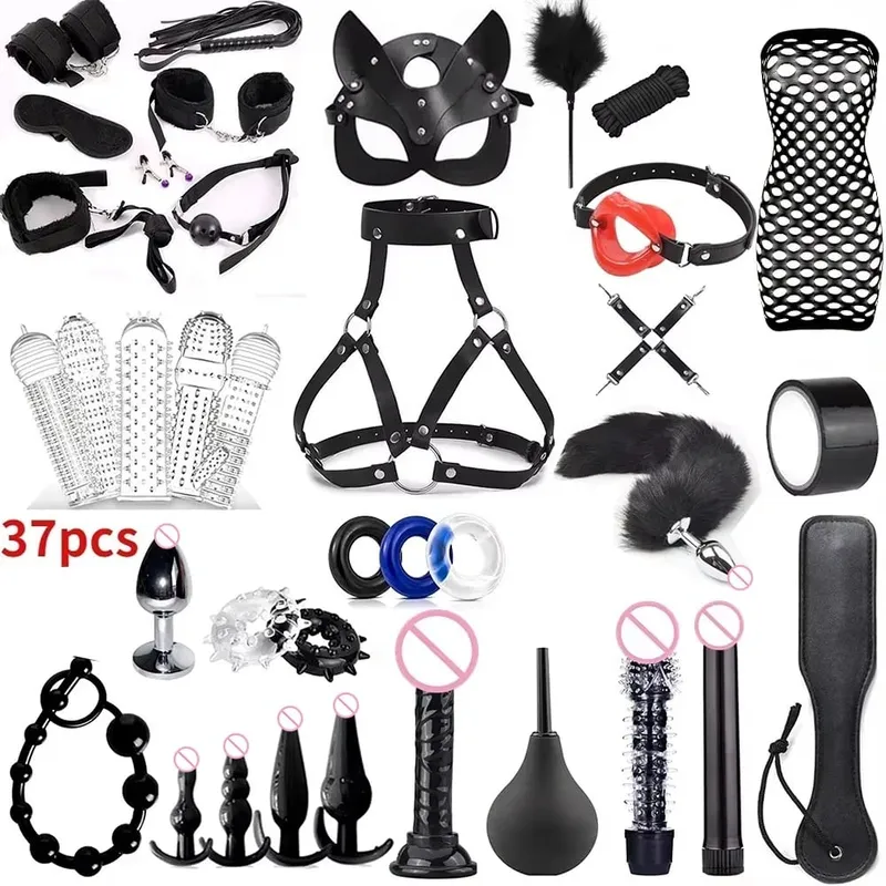 Adult Sex Toy Kits Sets for Sexy Games Bondage Mask Set Feather Handcuffs Ankle Cuff Restraints for Couple Sexual Aids 18+