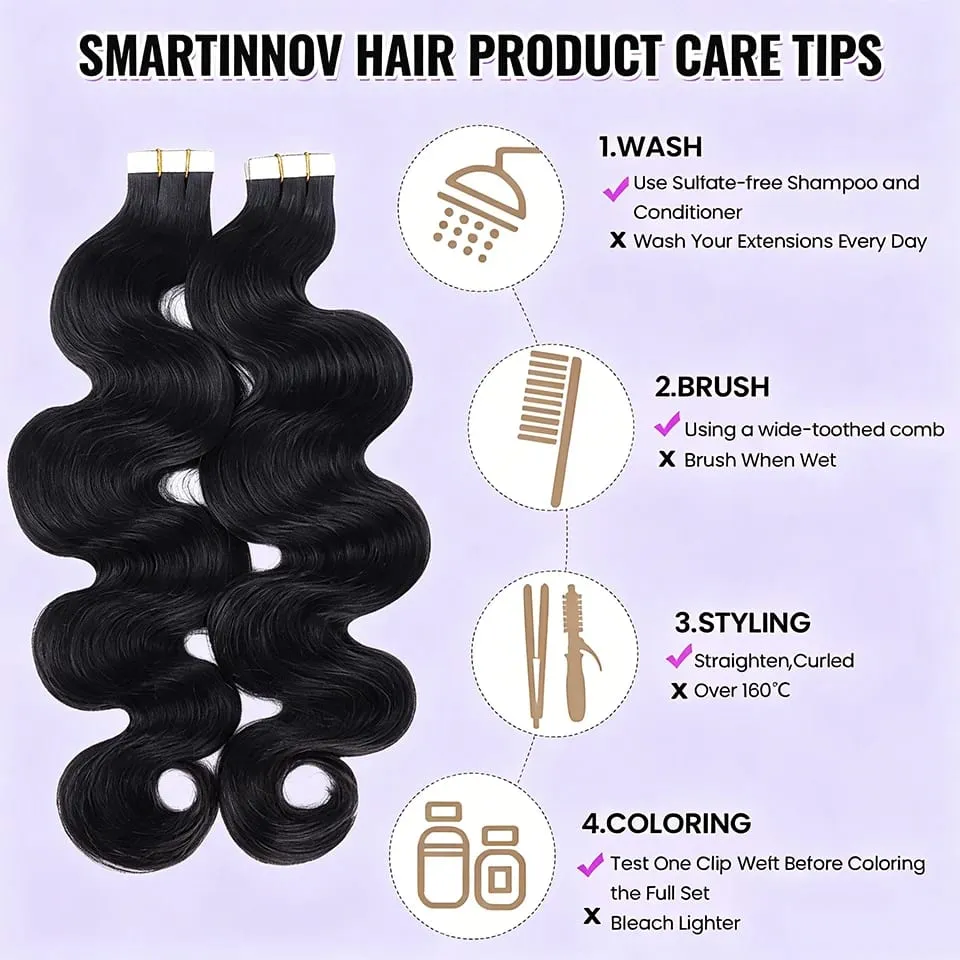 Tape in Hair Extensions Human Hair Body Wave Natural Black Reusable Double-Side Seamless Extension Human Hair 50G 20 PCS/pack — image 4