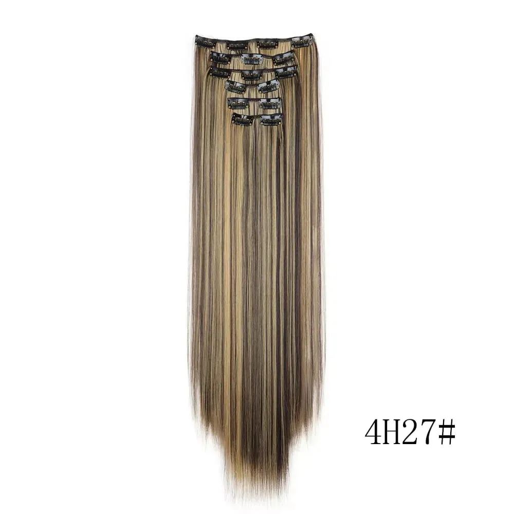 24 Inches Long Synthetic Hairpieces for Women 6Pcs Medium Brown Blonde Highlights Clip In Natural Thick DIY Styling Fiber Hair