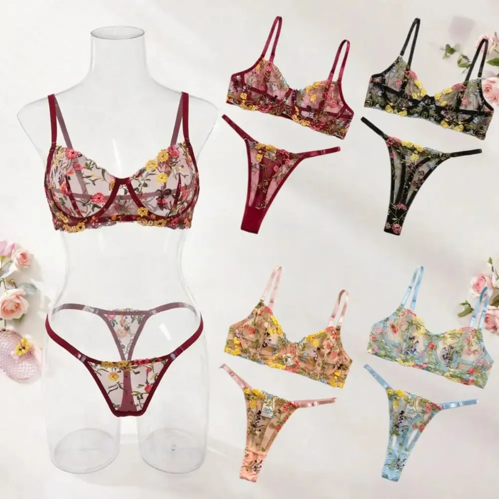 2-Piece Bohemia Floral Lingerie Set Embroidery Versatile Underwear Intimates Sheer Underwire Push-up Bra Panty Set For Lady Girl — image 2