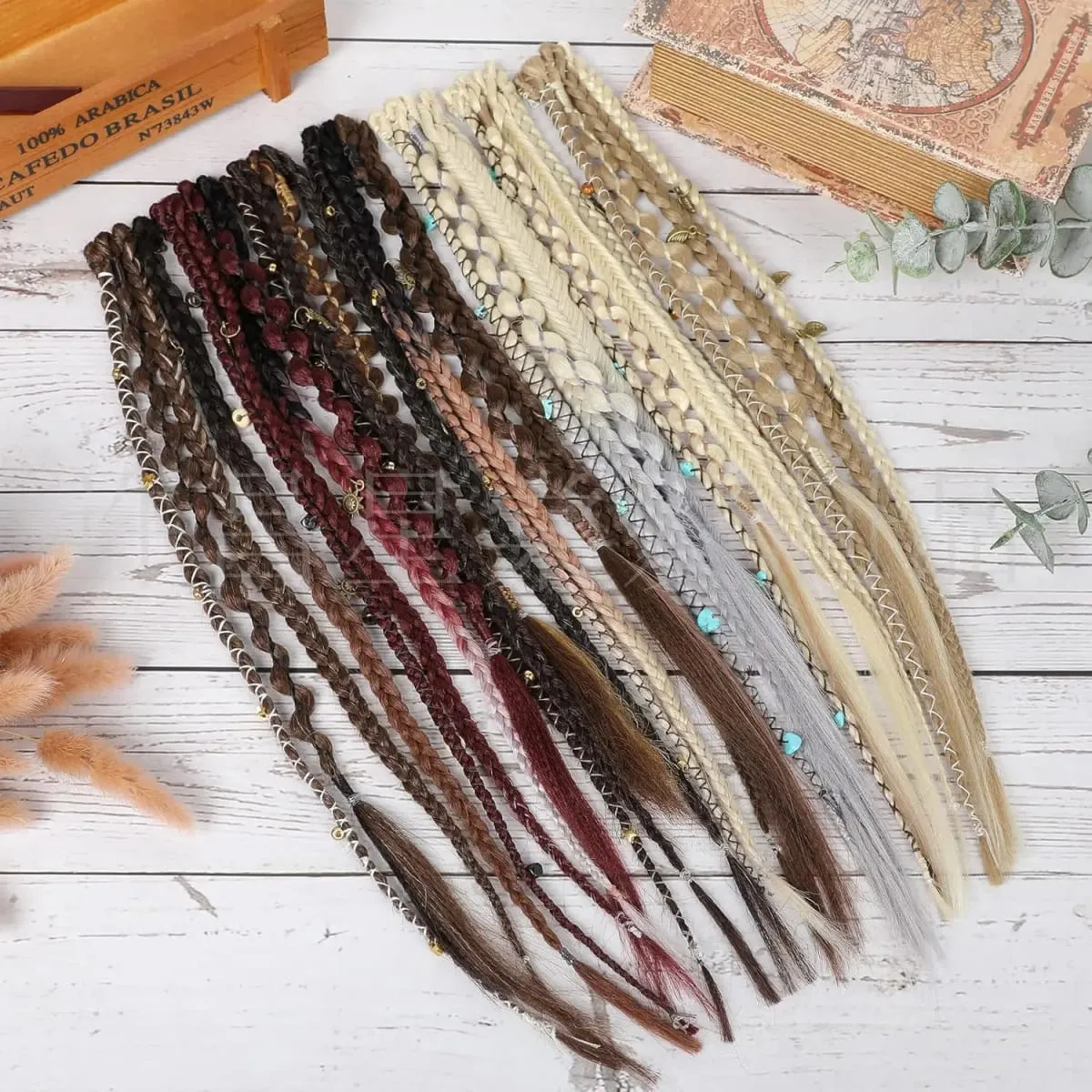 2PCS Synthetic 20Inch Bohemian Braided Ponytail Hair Extensions With Metal Charms Brown Mix Burgundy Handmade Box Braid Ponytail — image 4