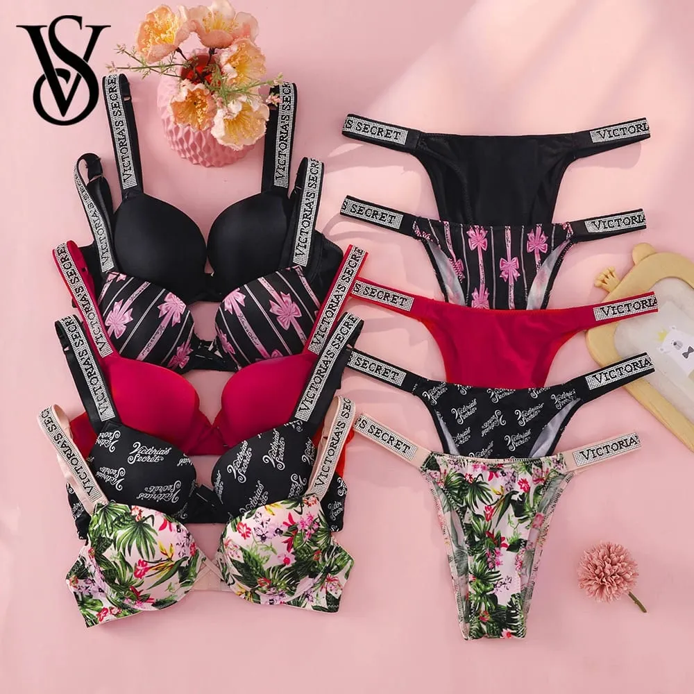 VS Very Sexy Logo Shine Strap Tropical Floral Push Up Bra Shine Script Thong Panty Victoria Secret Sexy Lingerie Set — image 1