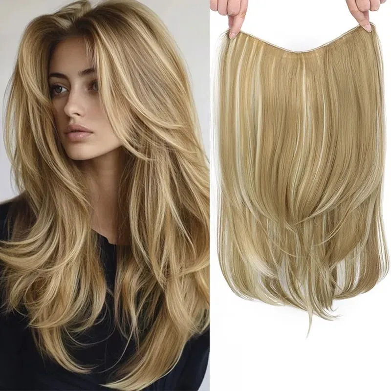 22 Zoll synthetische lange gerade geschichtete Clip-in-Haarverlängerung V-förmiges schwarzblondes unsichtbares Haarteil für Frauen