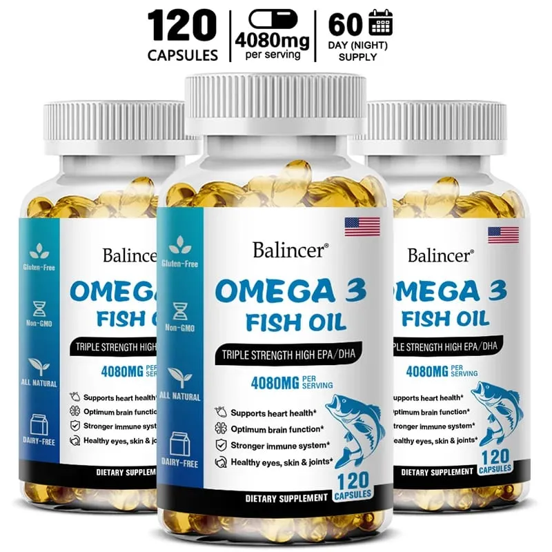 Balincer Wild Caught Omega 3 Capsule molli di olio di pesce - Tripla potenza EPA elevato 1200 mg DHA 900 mg Integratore alimentare senza glutine non OGM