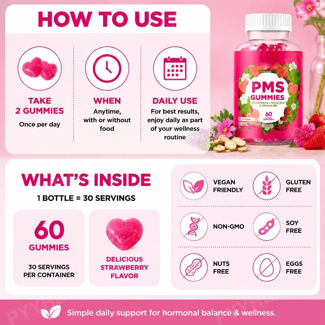 Gomitas de apoyo para el síndrome premenstrual con sauzgatillo Vitex Dong Quai, vitamina B6 y bálsamo de limón para el bienestar y el estado de ánimo mensual de las mujeres, 60 gomitas — image 5
