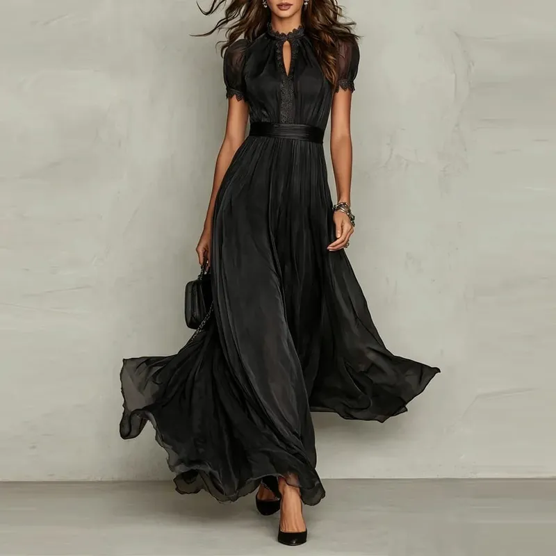 Elegant Chiffon Lace Trim Midi Dress Stand Collar Neck Puff Sleeve Cinched Waist Draped A Line Flowy Women's Casual Dresses — image 9