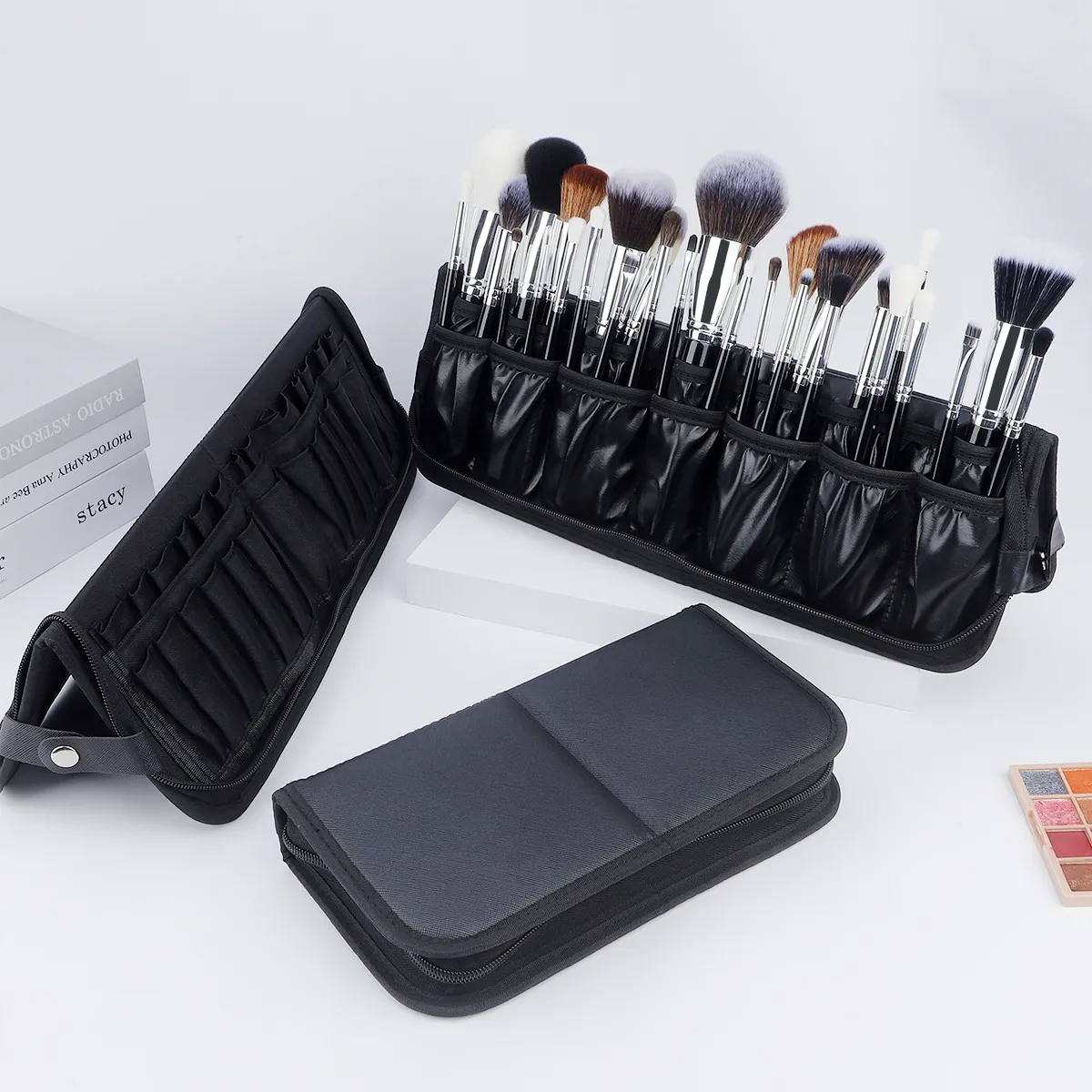 Large Black Foldable Makeup Bag 14-40 Hole Storage Organizer for Beauty Brushes Cosmetic Pouch with Handles — image 2
