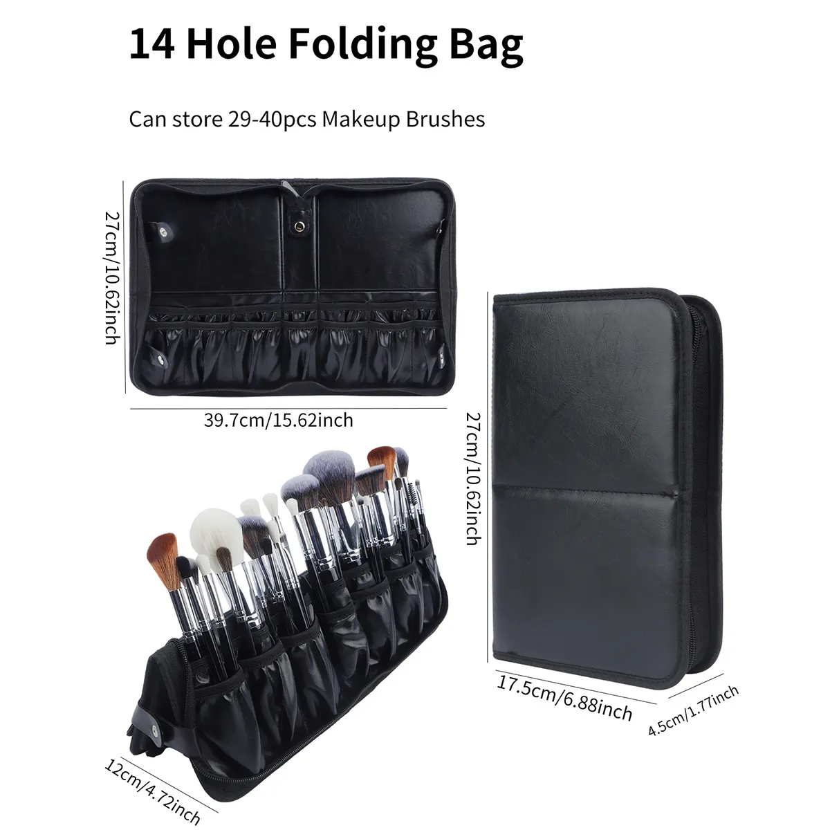Large Black Foldable Makeup Bag 14-40 Hole Storage Organizer for Beauty Brushes Cosmetic Pouch with Handles — image 6