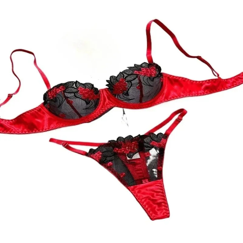 Women's Floral Embroidered Lingerie Set Two-piece Embroidered Bra Set - Black and Red Underwear Set — image 1