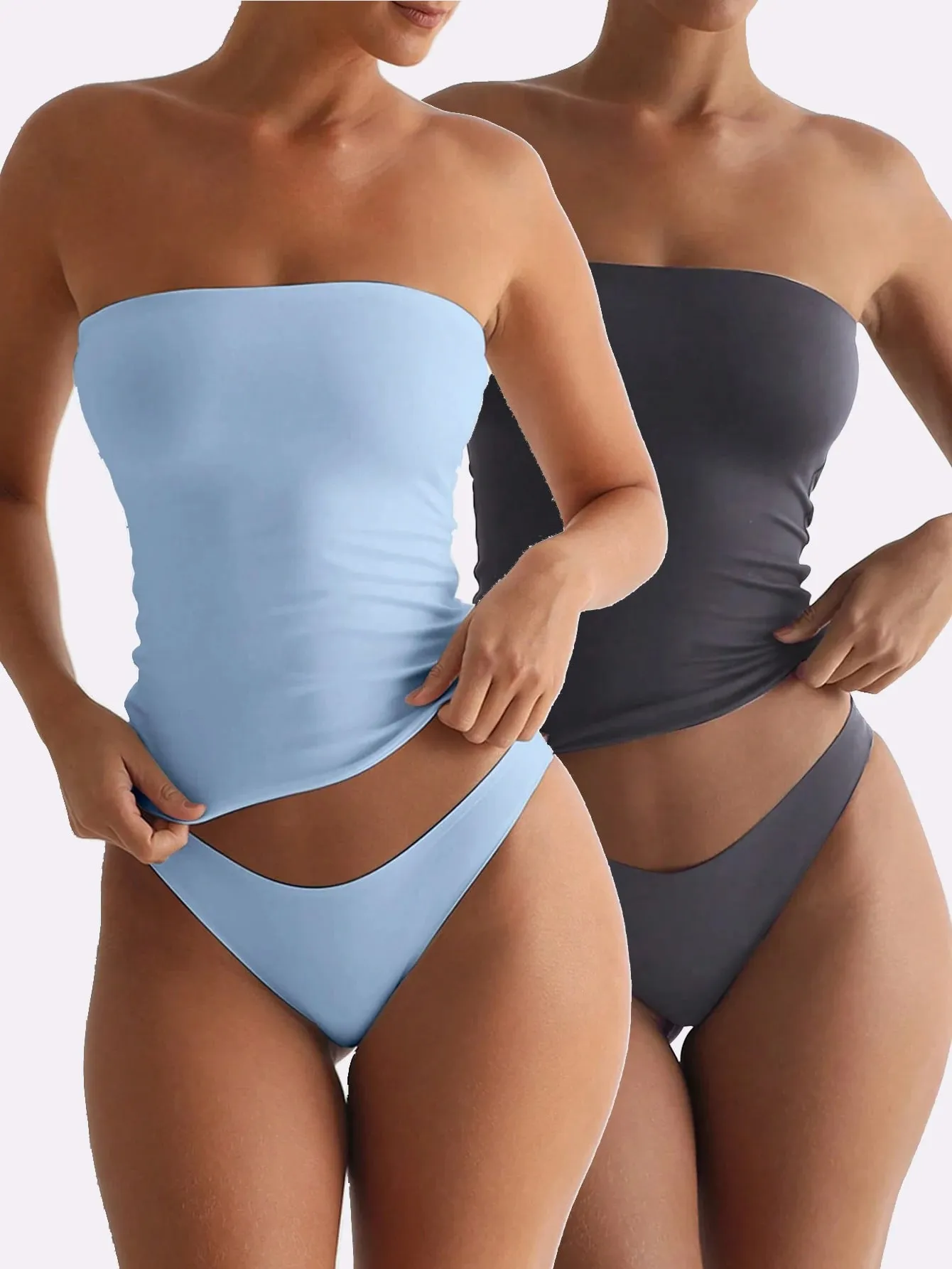 2 Pack Solid Strapless Tube Top Women Soft Stretch Sleeveless Slim Basic Elegant Layering Bandeau Cami Daily Casual Outfit