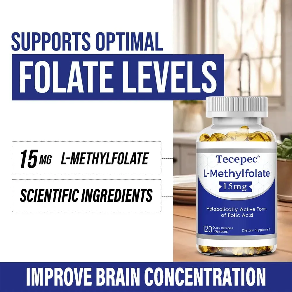 L-Methylfolate 15mg Supplement - Metabolically Active Form of Folic Acid Support Brain & Heart Health Non-GMO Gluten Free