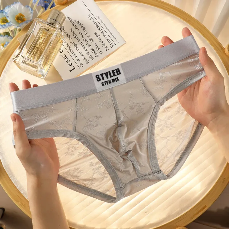 1/3PCS Sexy Perspective Men's Briefs Luxury Jacquard Smooth Ice Silk Mens Intimate Underwear Breathable 3D Mesh Pouch Lingerie — image 19