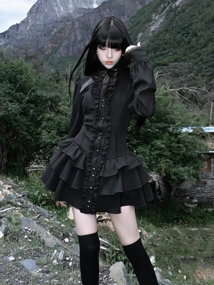 Gothic Vintage Lace Y2k Mini Dress Women Design Streetwear Black Lolita Slim Dress Long Sleeve Elegant Dress Spicy Girls — image 3