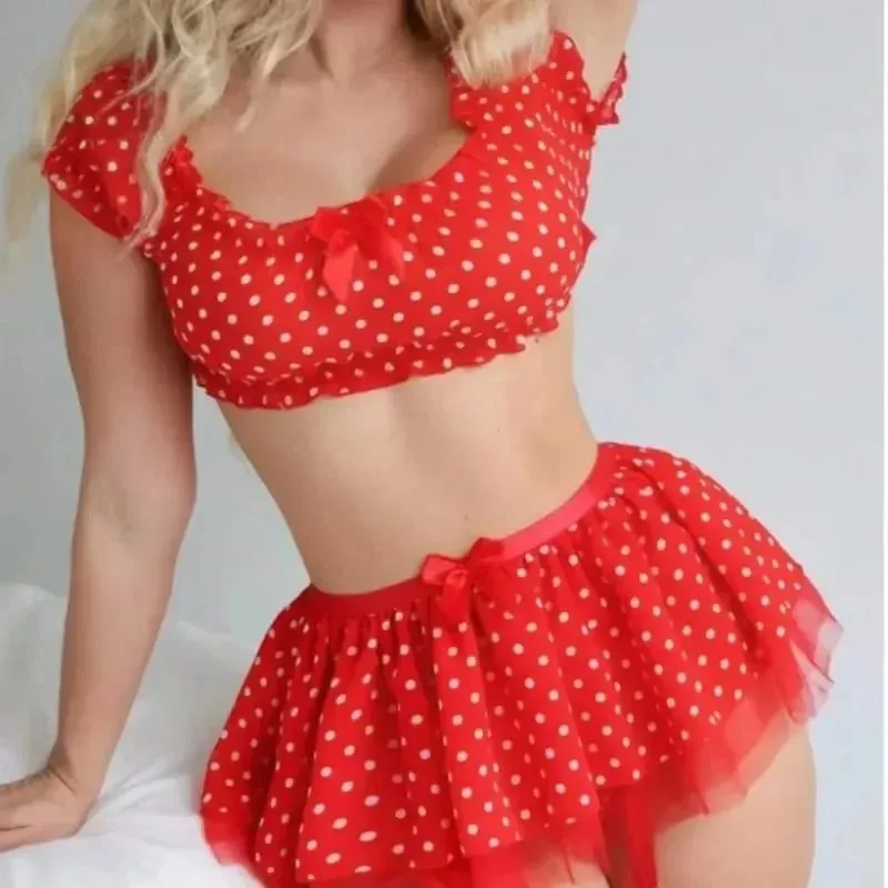 Women's Sexy Polka Dot 2 Piece Lingerie Set Off Shoulder Mesh Tulle Skirt with Garter Straps for Nightwear — image 4