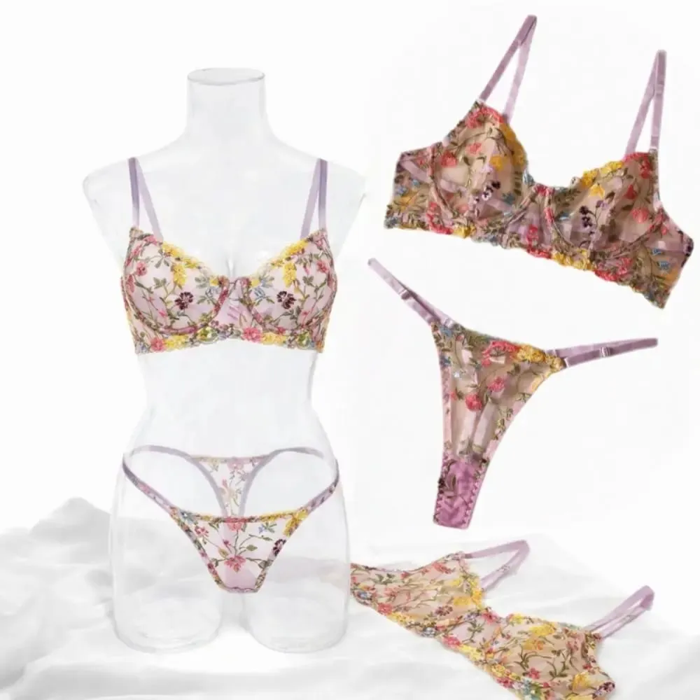 2-Piece Fashion Floral Lingerie Set Embroidery Versatile Underwear Intimates Underwire Push-up Sheer Bra Panty Set For Lady Girl