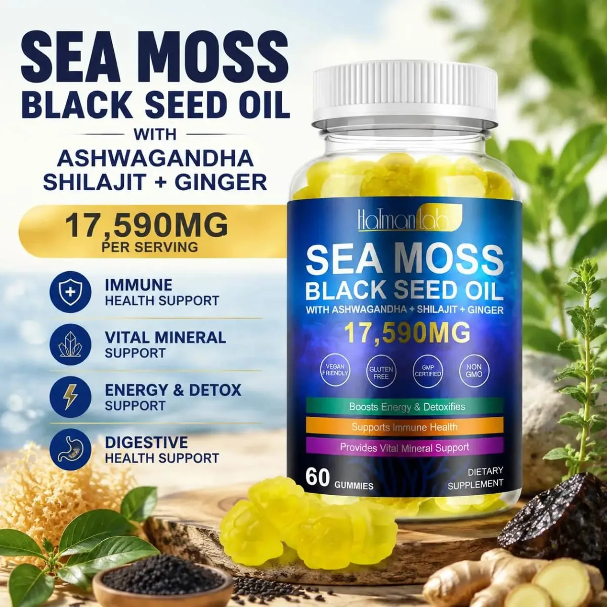 HalmanLabs Sea Moss Black Seed Oil Gummies na may Vitamin C at Vitamin D para sa Immune Health at Vital Mineral Support 60 Gummies