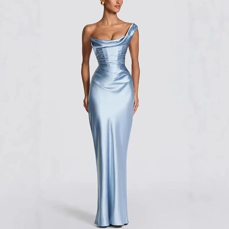 Fashion Women's Satin One Shoulder Long Dress Bandage Pleated Backless Sleeveless Dresses 2026 Summer Lady Party Evening Robes — image 6