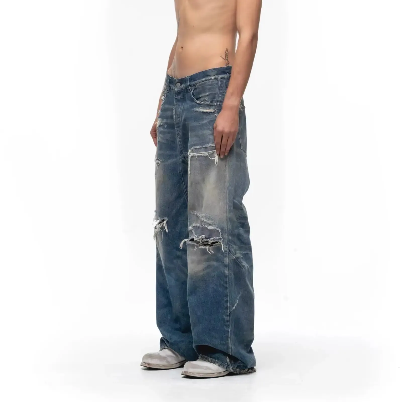 Unisex Jeans 2026 Spring Autumn Men's American Hollow Out Washed Retro Jeans Loose Wide Leg Straight Pants Hole Ripped Trousers — image 3