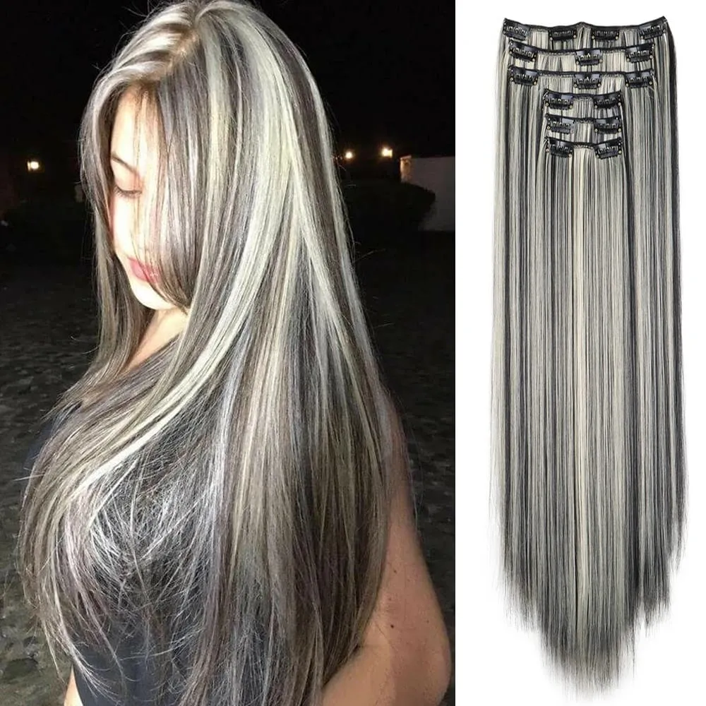 Black Hair Extensions 24"/60cm 6pcs/set Women Long Straight Synthetic Full Head Clip 16 Clips Ombre Heat Resistant Fiber Hair — image 8