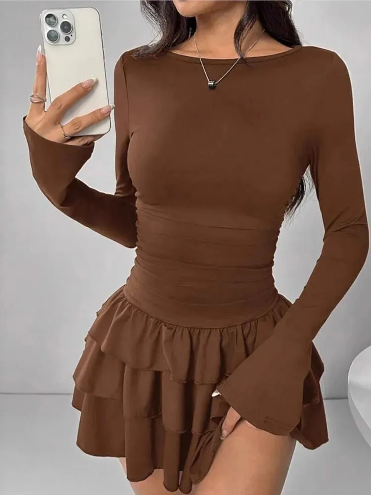 Temperament Dresses 2025 Woman Mini vestidos Simple Style Elegant French Bodycon Slim Pleated Fashion Long Sleeve Commuting Sexy — image 2