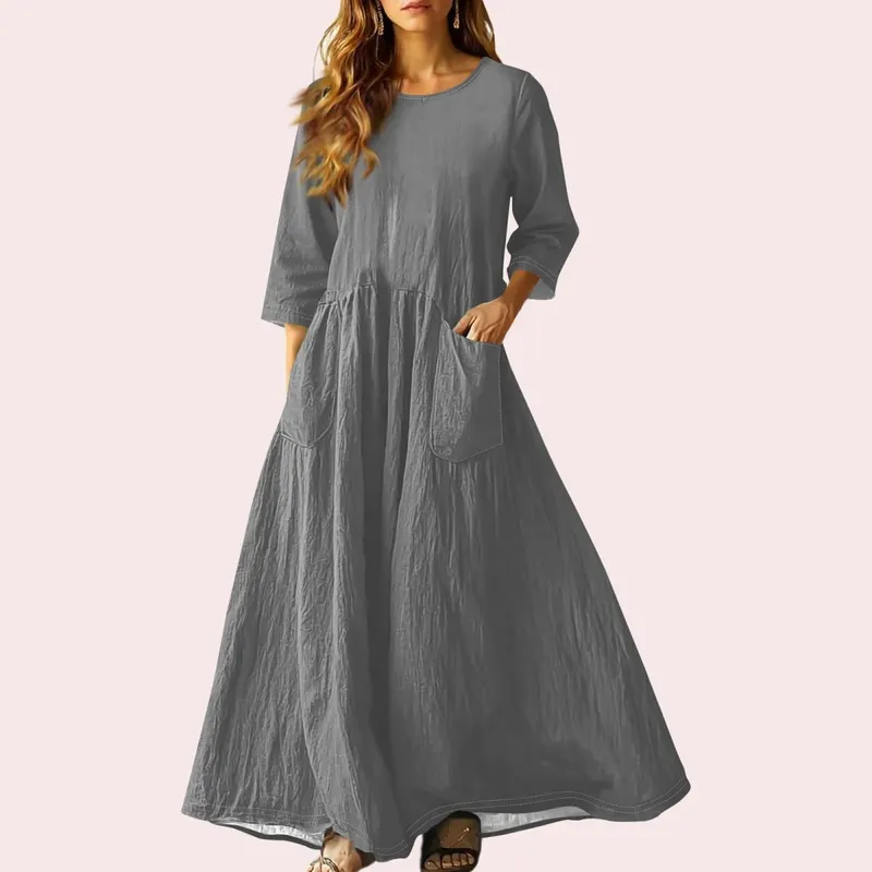 Women's Summer Loose Long Dresses Solid Color Three-quarter Sleeve Double Pocket Dress Loose Round Neck Linen Dress Vestidos