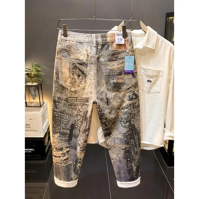 American high-end retro printed design jeans men's 2025 autumn new cool and loose straight leg long pants — image 1