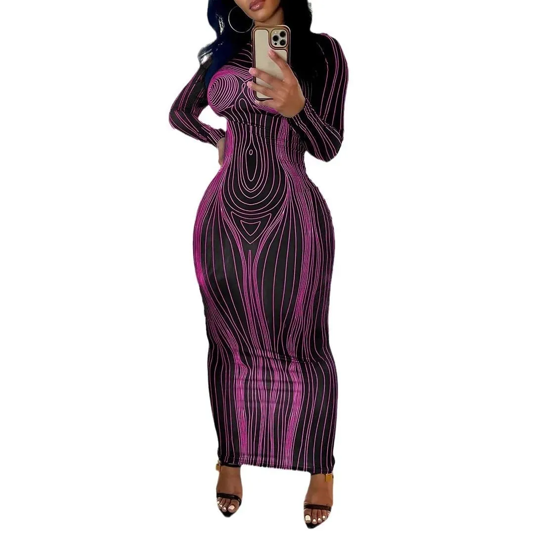 Women's long-sleeved round neck fashionable printed slim fit hip-hugging bottoming dress — image 5