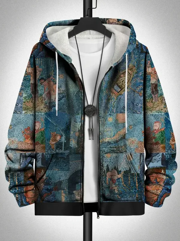 Retro Plaid Print Patchwork Zip Up Hoodie Men's Clothing Hot Style Long Sleeve Pullover Trend Streetwear Men Zip Up Hoodies — image 2