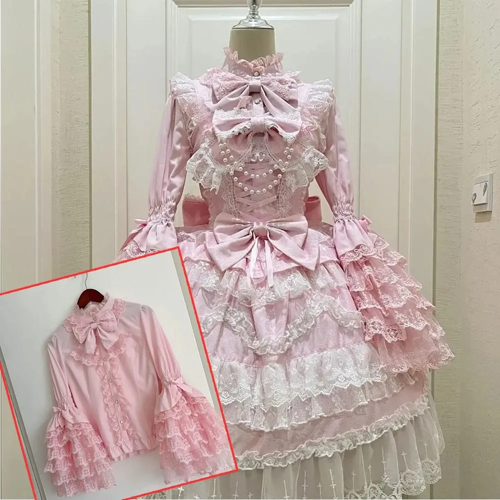 Lolita Kawaii Y2k Long Sleeve Strap Dress Japanese Knee-Length Women Elegant Lace Bow Patchwork Ball Gown Sweet All Season — image 5