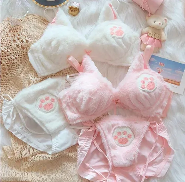 Cute Cat Paw Plush Lingerie Set for Women Warm Winter Bra & Panty with Ears Comfortable Kawaii Underwear — image 5