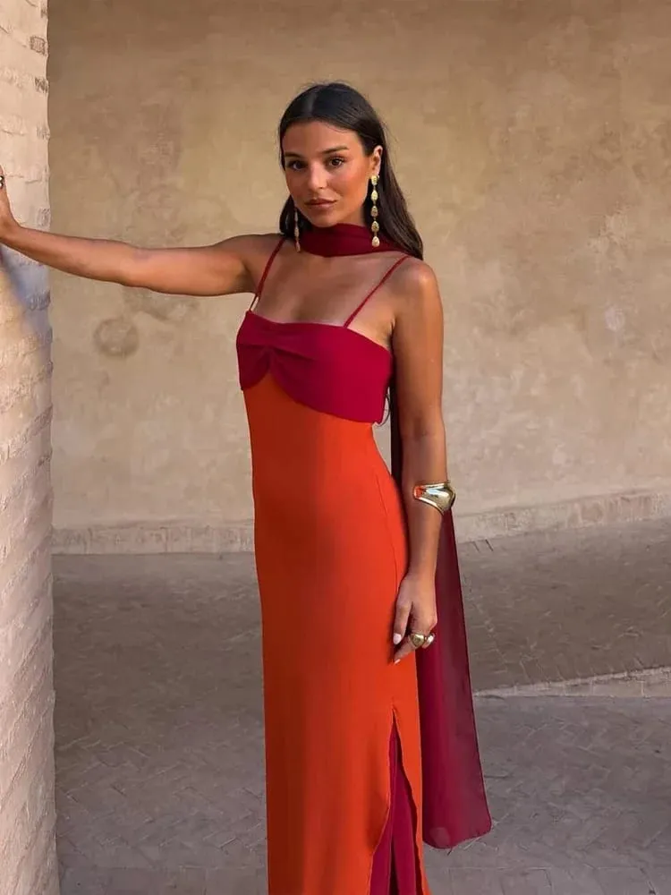 Fashion Women Color Blocking Scarf Collar Sling Dress Sexy Split Waist Cinching Bodycon Maxi Gowns 2026 Lady Club Party Vestidos — image 2