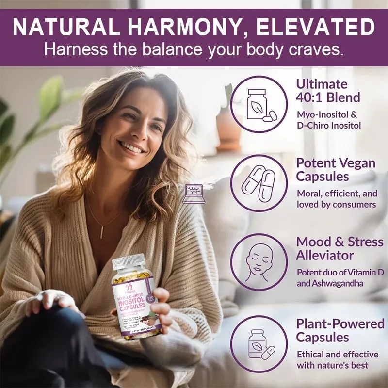 Myo Inosito Capsules & D-Chiro Inositol with Ashwagandha Root & Vitamin D3 Hormone Balance for Women Regulate Menstrual Cycle — image 4