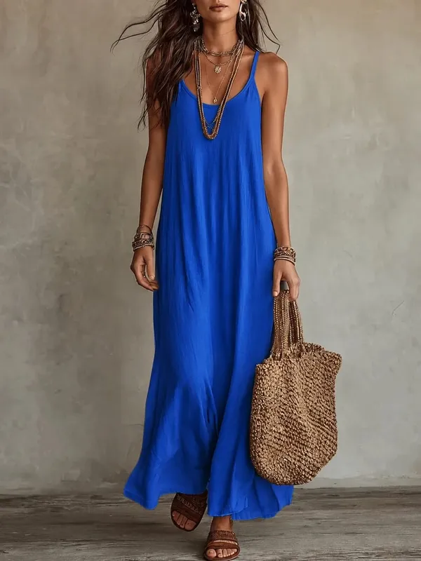Women's Loose A-Line Long Dress with Thin Straps — image 2