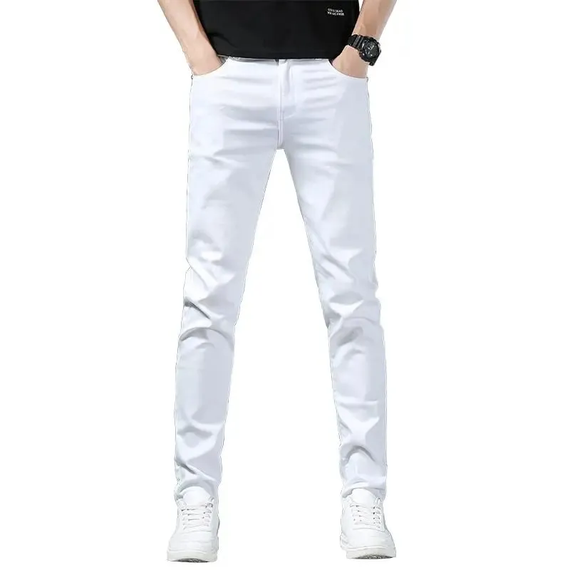 Mens Straight Elastic Waist Jeans 2025 Autumn Winter Fashion Brand Comfortable Versatile Pants Slim Fit White Jeans High Street — image 5