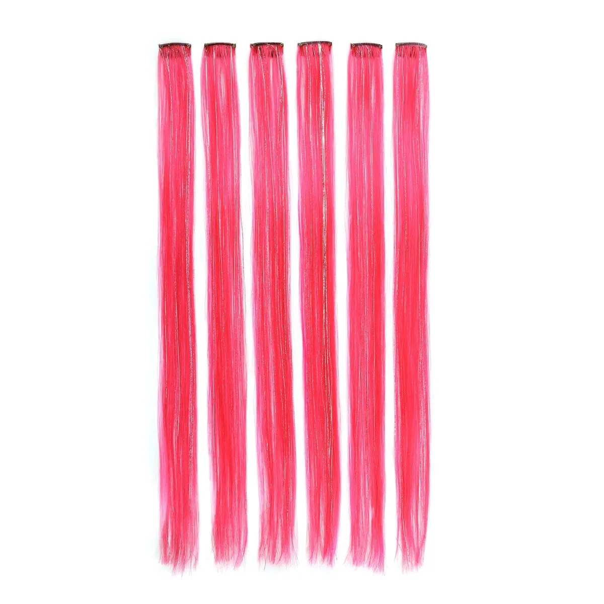 Synthetic 6pcs Clip in Hot Pink Hair Extensions Mix tinsels 22 Inch Colored Hair Extensions 2 in 1 Rainbow Hair — image 8