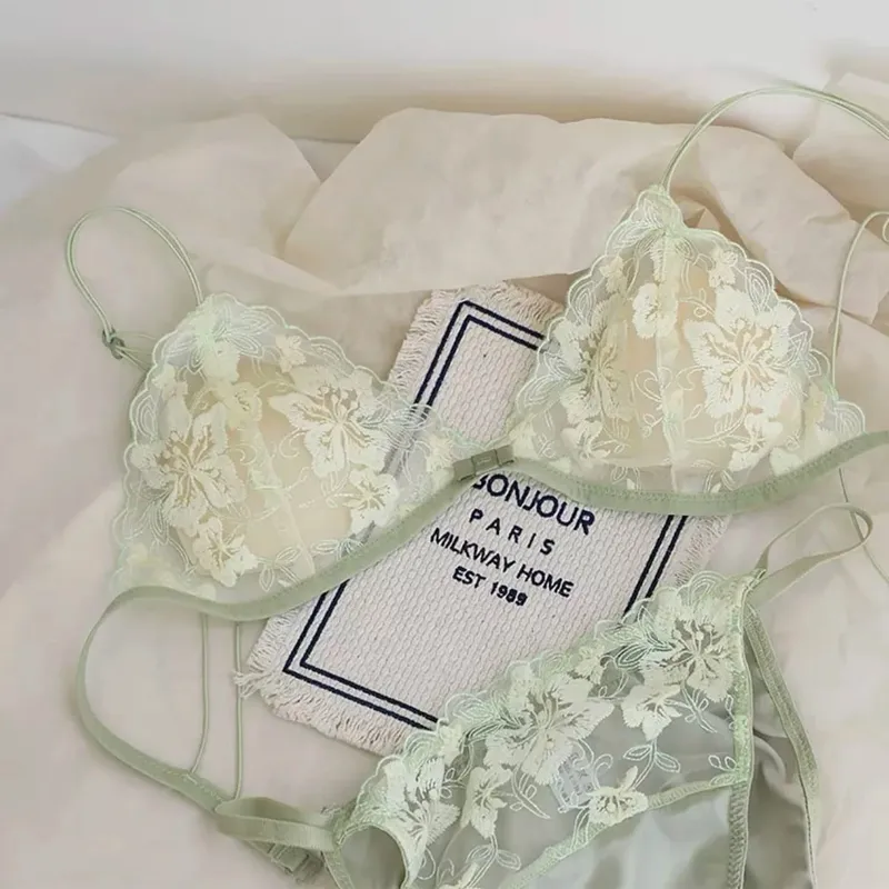 French Triangle Cup Bralette Embroidered Lace Wireless See Through Hollow Out Sexy Pure Desire Lingerie Set MOYISU Sexy Tushy — image 8