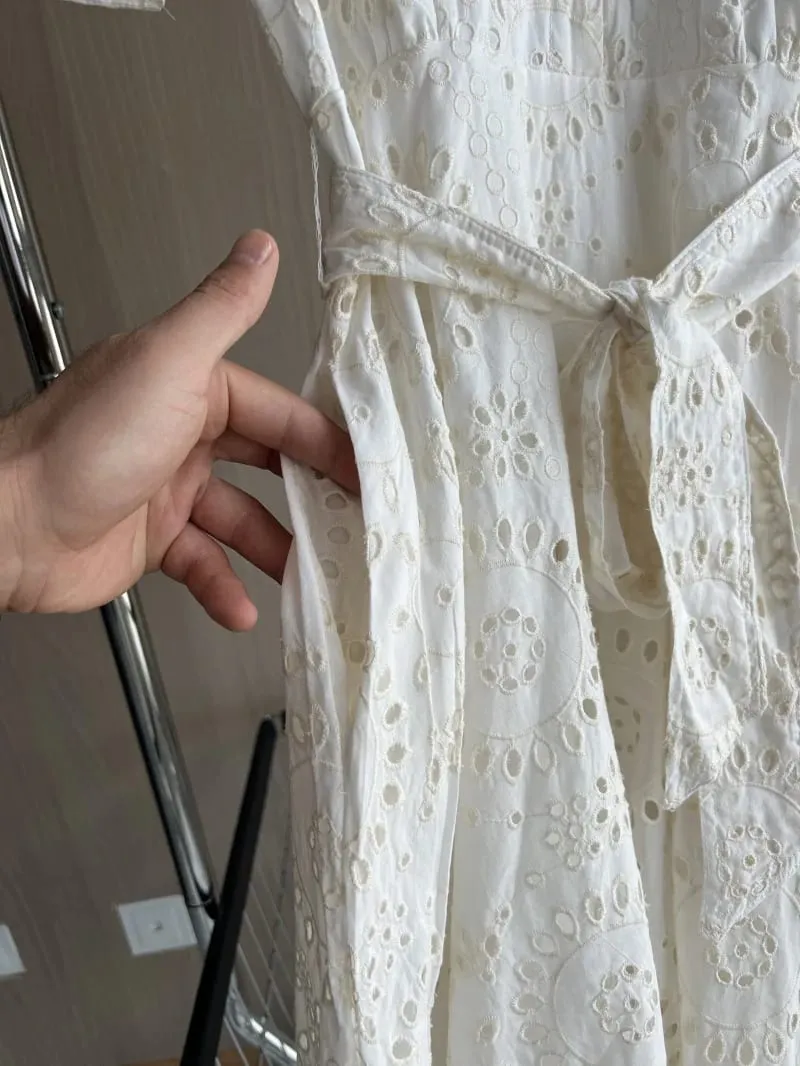 ETJ 2025 new women's elegant fashion hollow embroidery cotton shirt lapel short-sleeved dress temperament long skirt — image 4