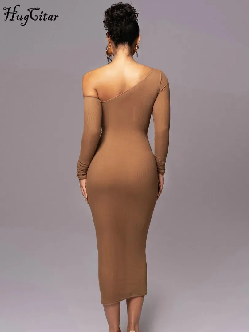 Hugcitar Mesh Solid Diagonal Collar Long Sleeve Draped Sexy See Through Bodycon Maxi Dress Summer Fashion Clothes Festival Club