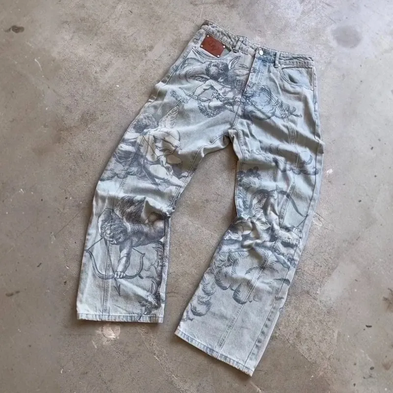 Seluar Denim Fesyen Y2K Seni Corak Klasik Seluar Jeans Malaikat Colossal Retro Gothic Hip Hop Harajuku Streetwear Lelaki Wanita Seluar Baggy