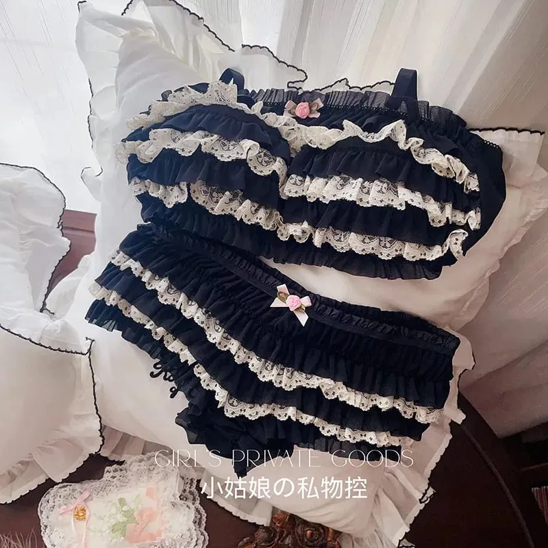 Vintage Cake Ruffles Lace Sweet Sexy Wire-free Women's Lingerie Sets